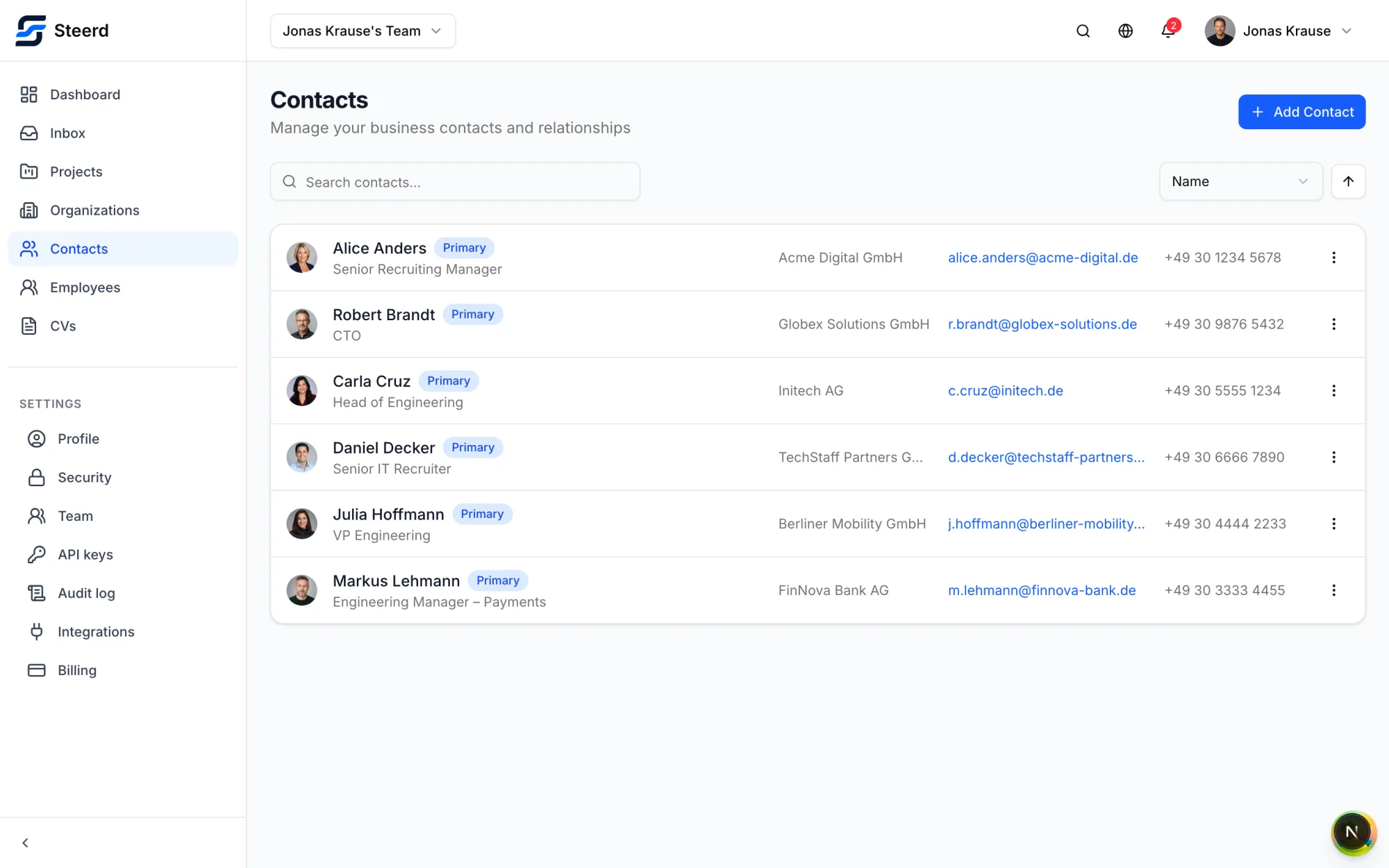 A Steerd contact list of clients and recruiters, each with a photo, role and company