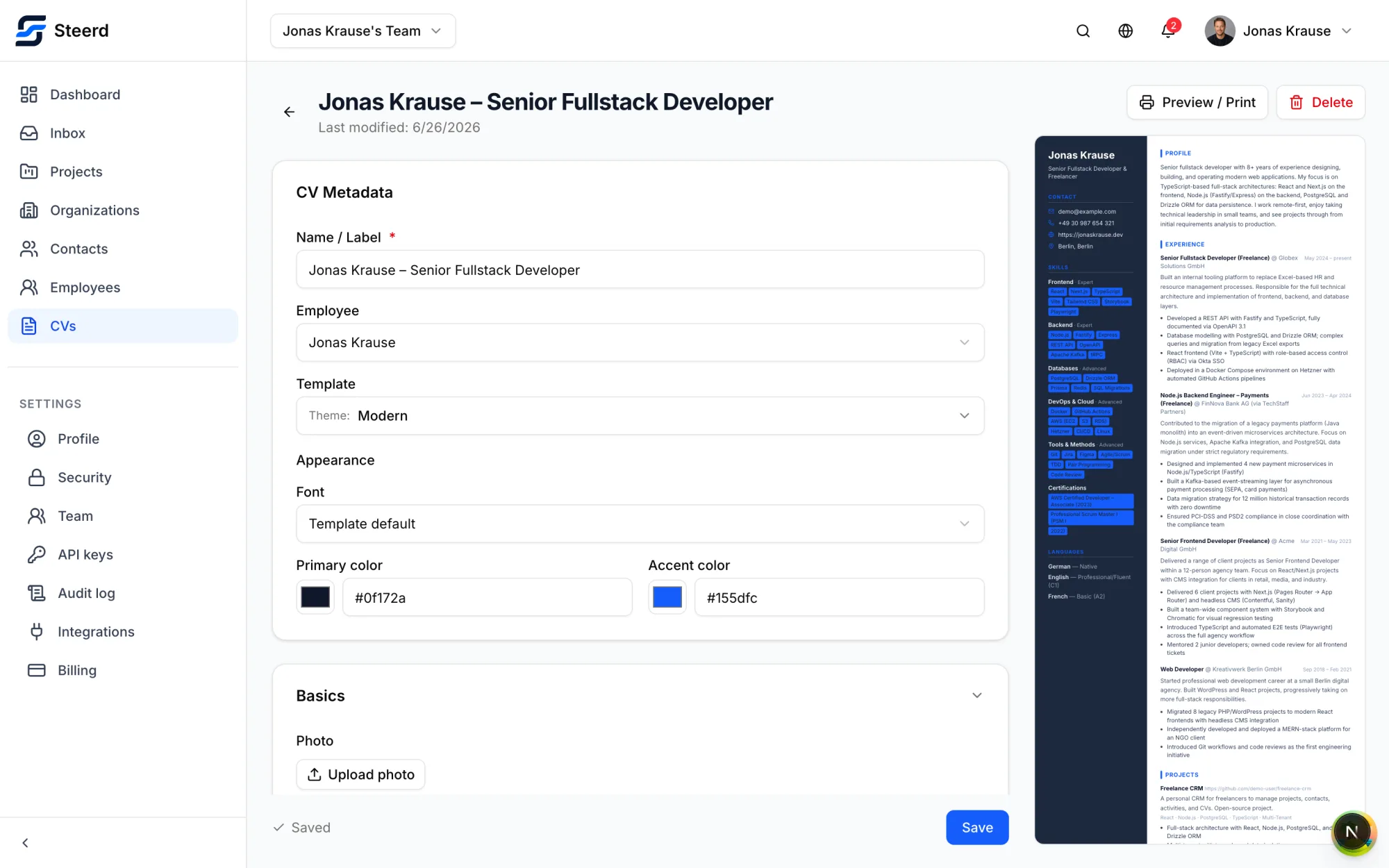 The Steerd CV editor with a live profile preview and a theme picker