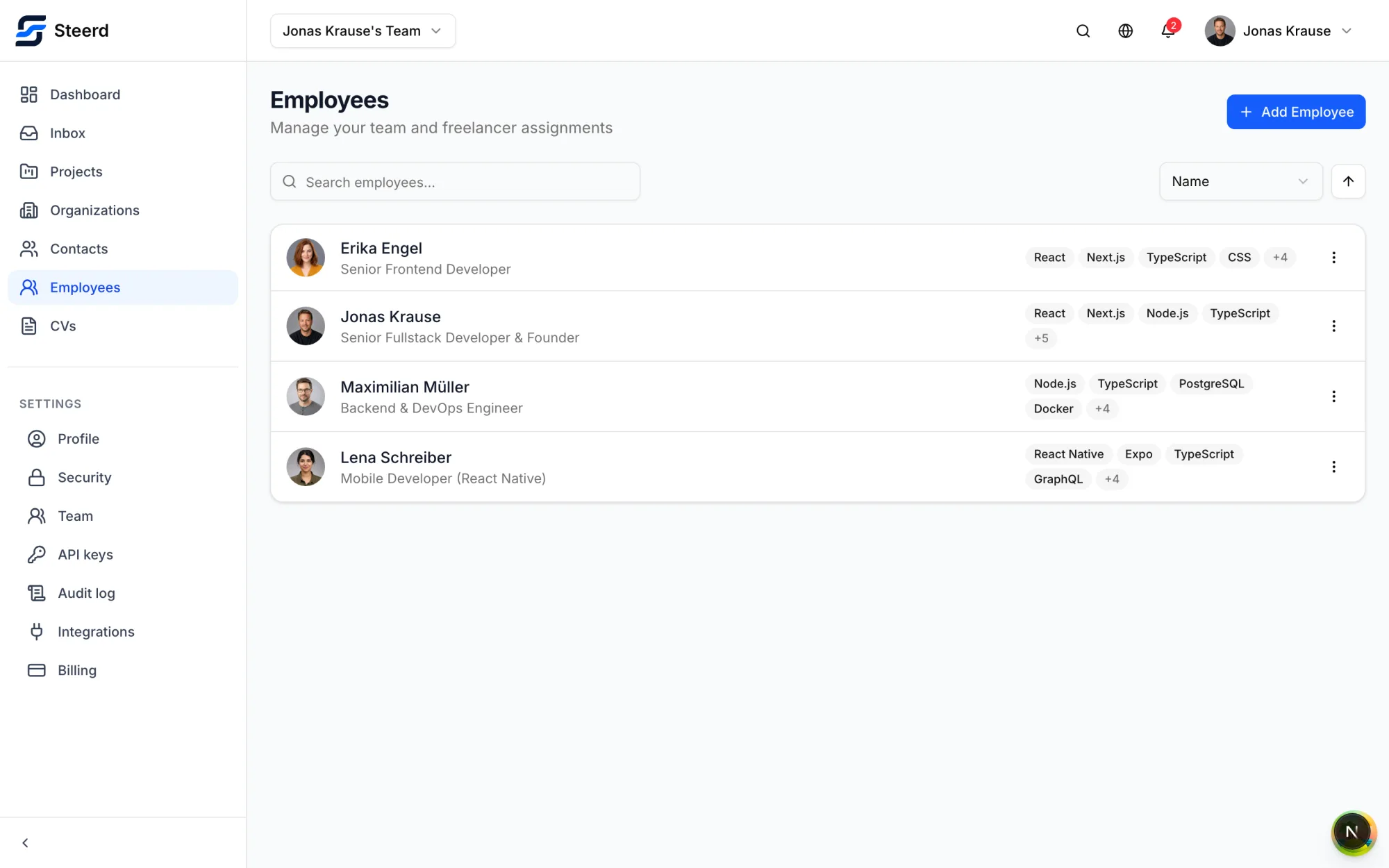 A Steerd team view: freelancers with their roles, skills and rates