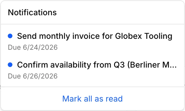 Steerd notifications: a due follow-up and an overdue invoice reminder