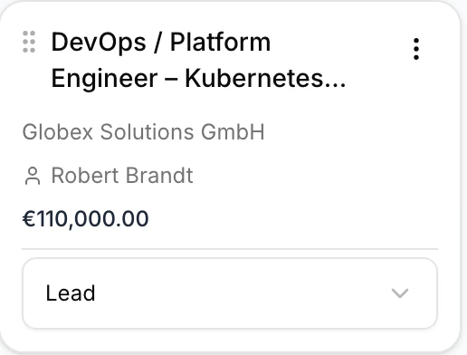 A pipeline card: DevOps / Platform Engineer at Globex, €110,000, stage Lead